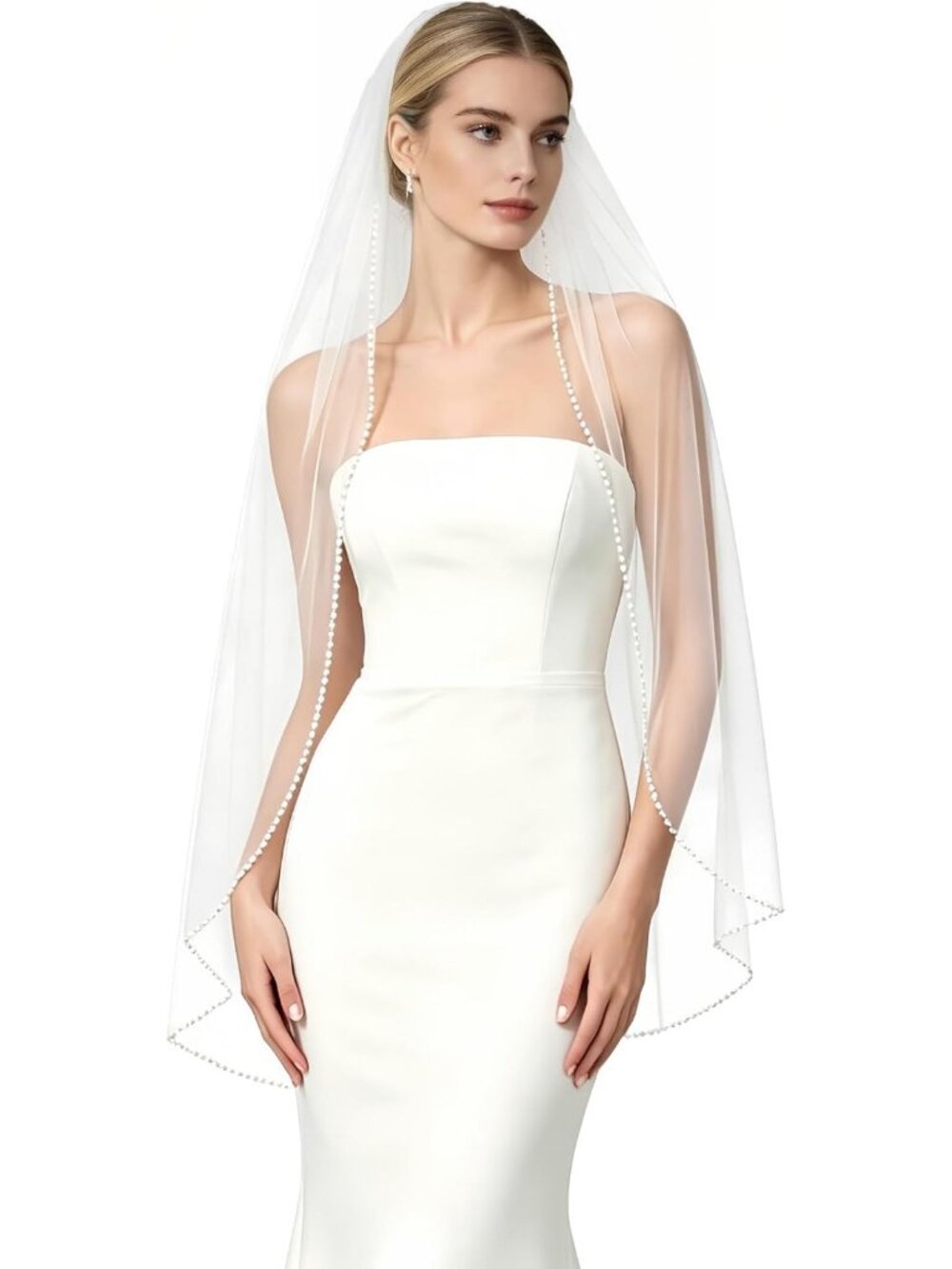 Elegant Fingertip Length Bridal Veil with Pearl & Crystal Beaded Edge, Wedding